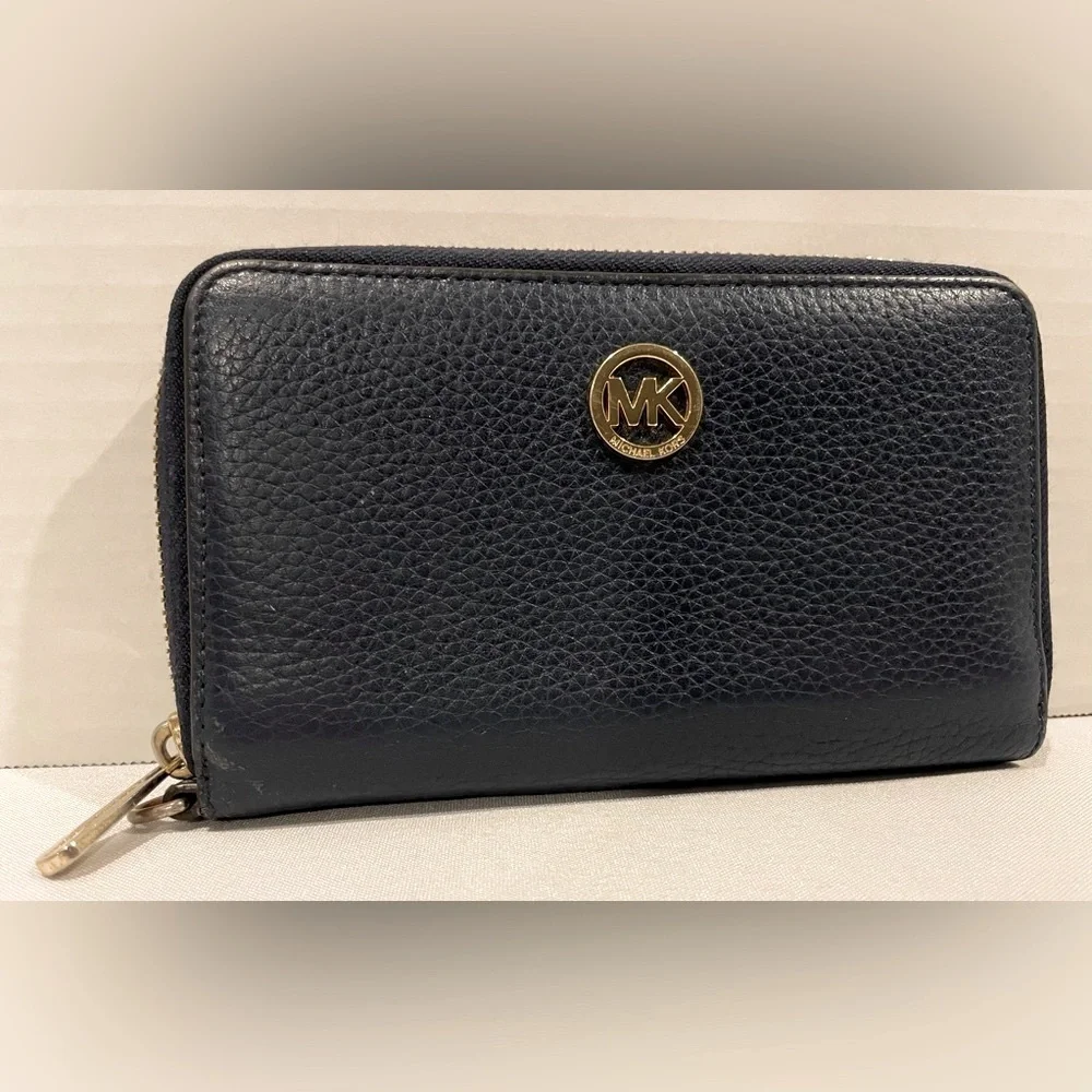 MICHAEL KORS Navy Large Flat Multifunction Phone Case Leather Fulton Wallet